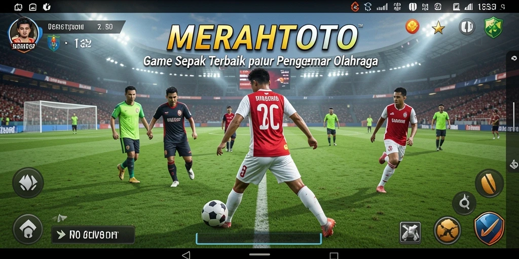 Screenshot gameplay <strong>MERAHTOTO</strong> dalam aksi pertandingan sepak bola yang mendebarkan.