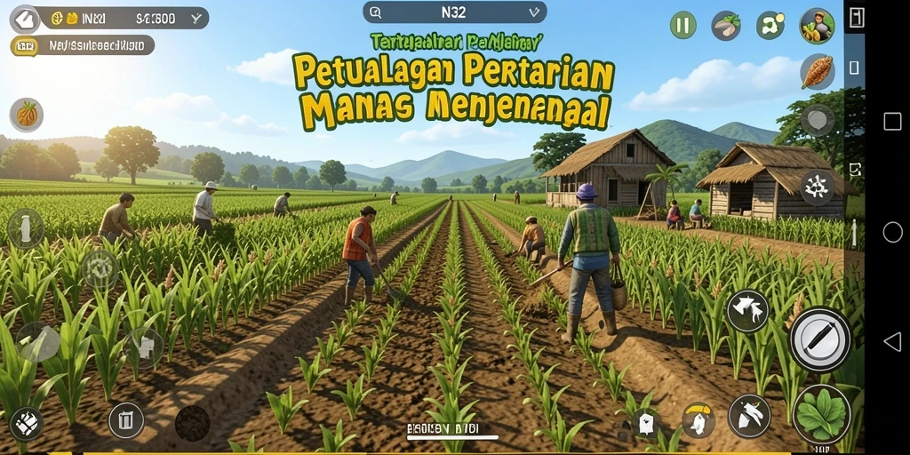 Tampilan gameplay N32 dengan ladang hijau subur dan aktivitas bertani.