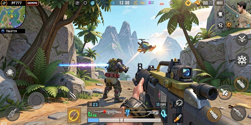 Tangkapan layar gameplay PF777 menampilkan aksi seru dalam pertempuran TPS.