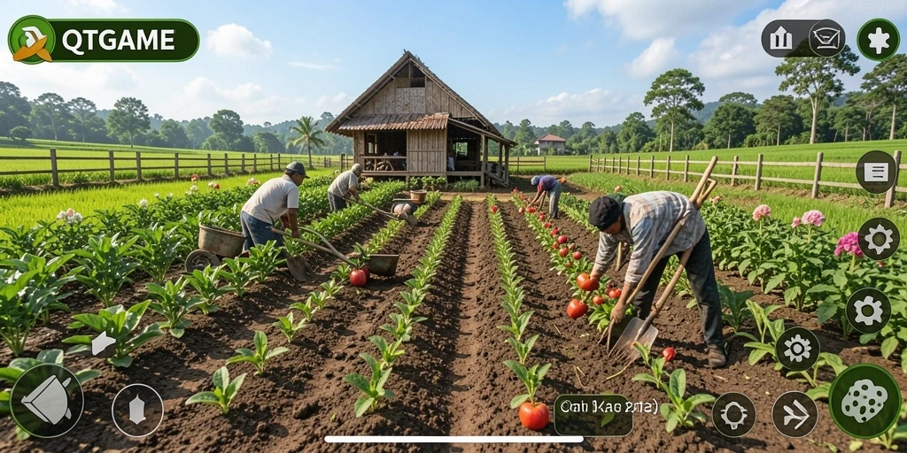 Tampilan menarik dari gameplay QTGAME yang menampilkan aktivitas bertani.