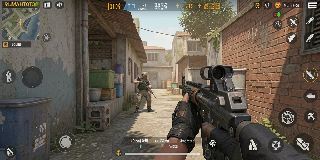Tangkapan layar utama <strong>RUMAHTOTO</strong> menampilkan aksi tembak-menembak yang intens di gameplay.