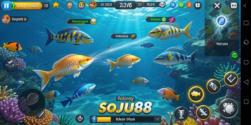Menampilkan aksi seru menembak ikan di SOJU88.