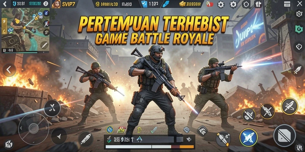 Screenshot gameplay SVIP7 menampilkan aksi pertempuran Battle Royale yang intens.